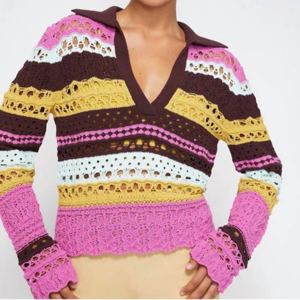 Jonathan Simkhai Roxana Macrame Striped Oversized Polo Sweater Pink Medium NWT